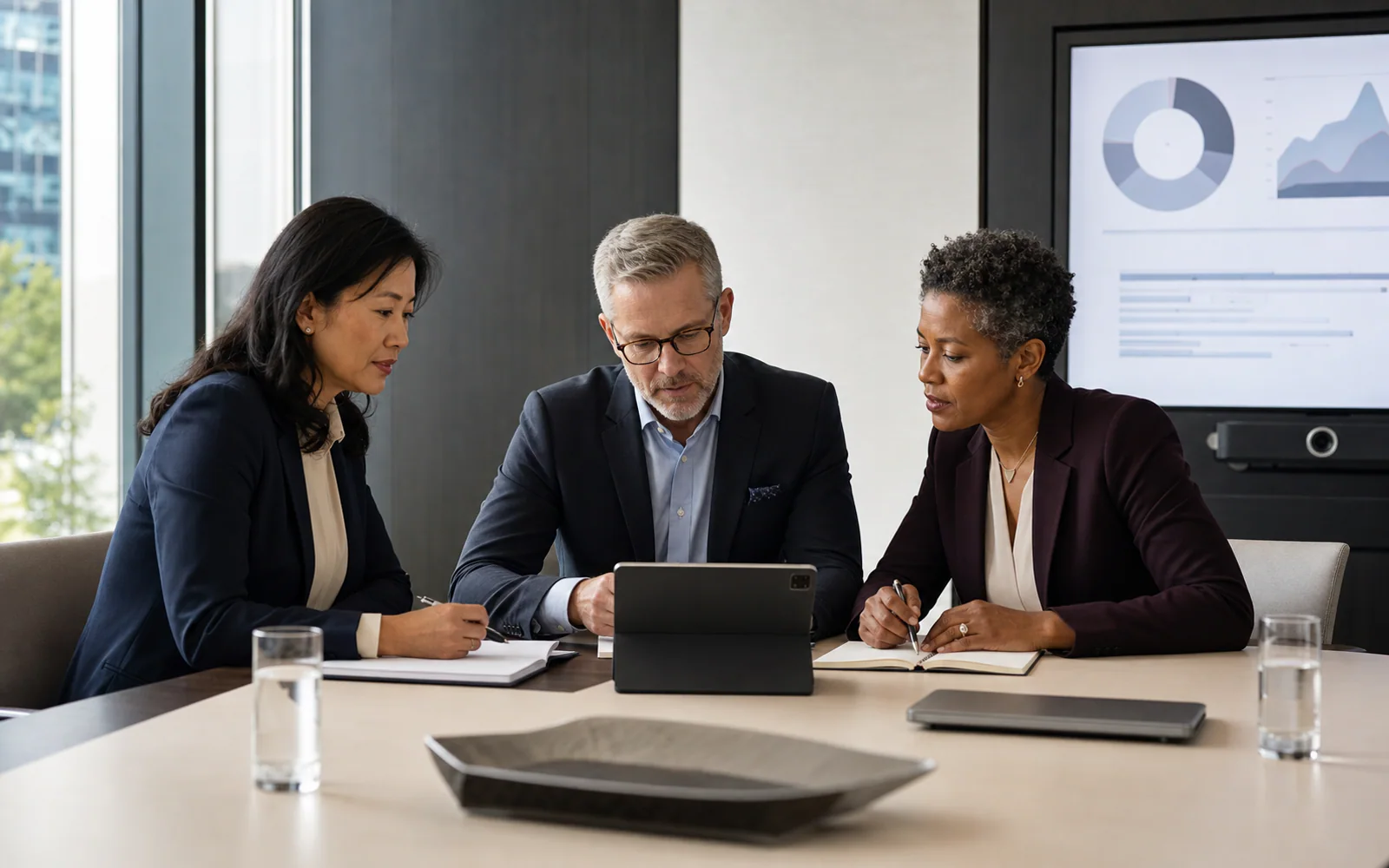 Technology, legal, and operations leaders reviewing a governed AI deployment plan.