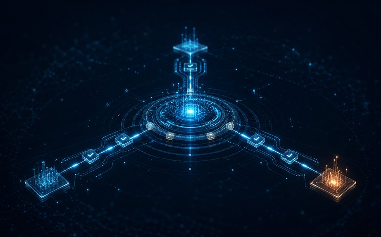 Governed AI pathways moving through validation checkpoints into approved production workflows.