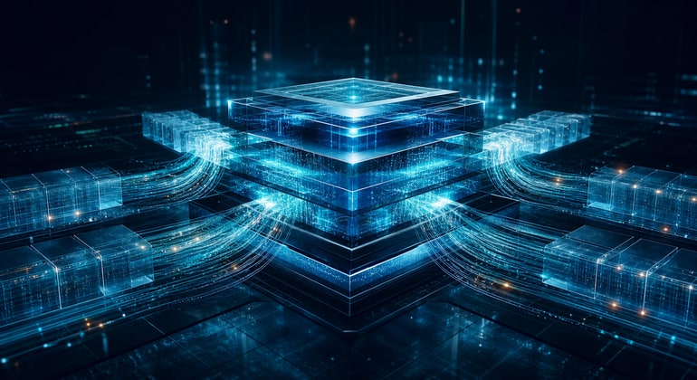 Luminous data streams converging into a layered glass data warehouse.