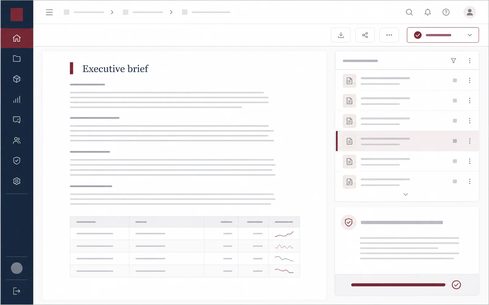 A clean enterprise AI workspace presenting an executive brief, supporting sources, metrics, and an approval state.