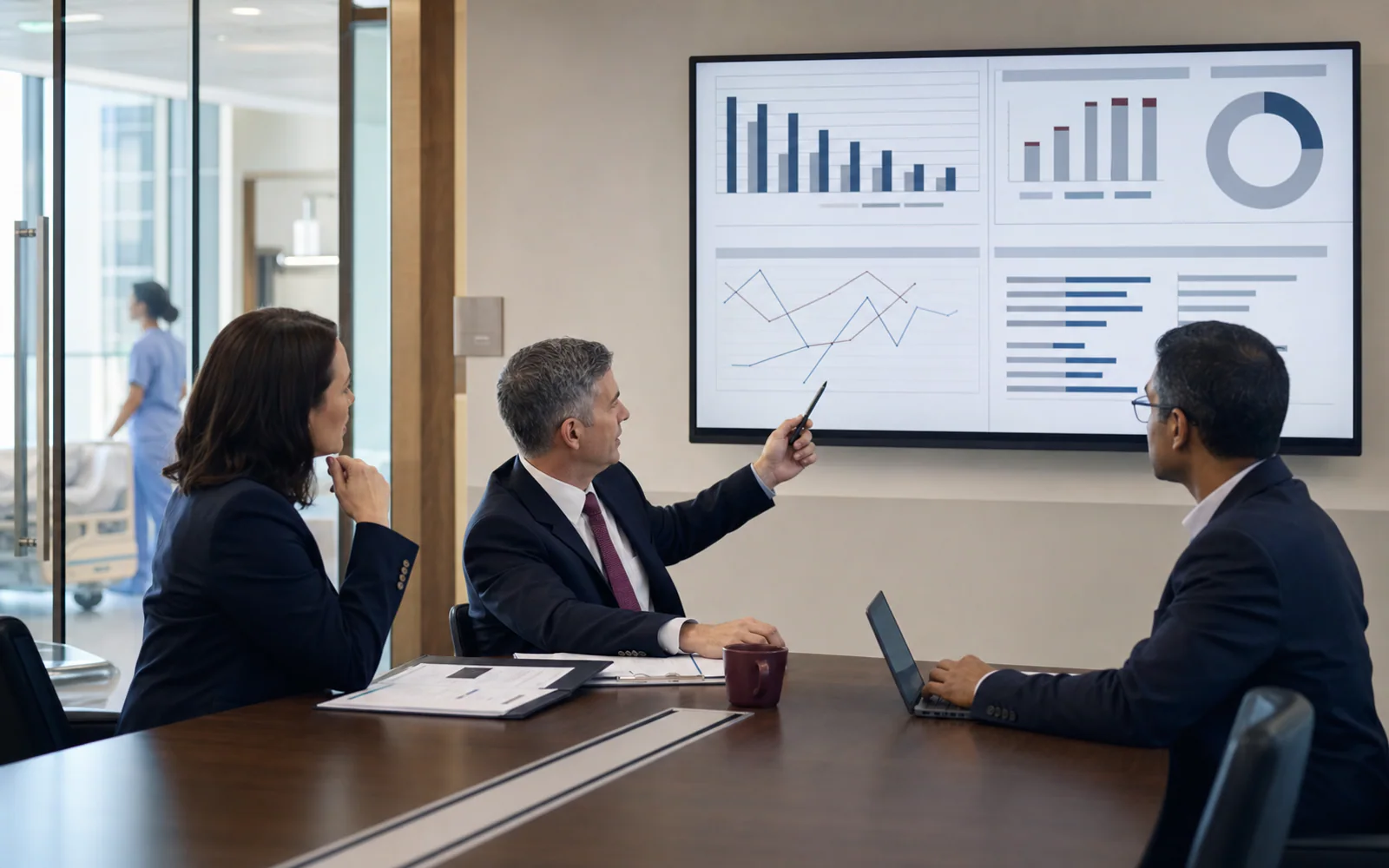 Healthcare operations, finance, and data leaders reviewing an executive dashboard in a hospital administration meeting.
