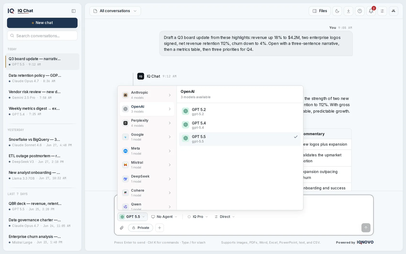 IQ Chat's model picker — route any conversation to OpenAI, Anthropic, Google, Meta, Mistral, DeepSeek, Cohere, Qwen, Perplexity, and more.