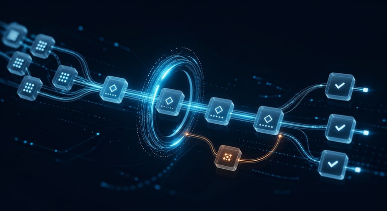 Connected workflow modules moving through an illuminated automation loop.