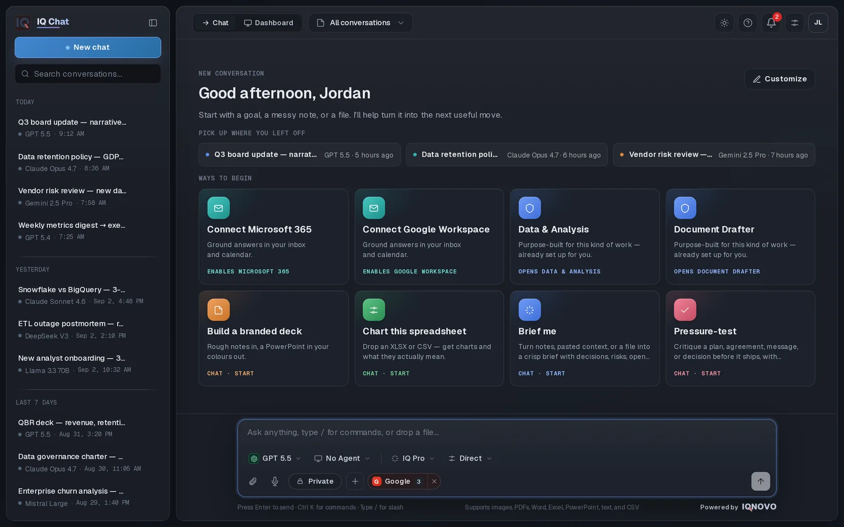 A week of real work in IQ Chat — conversations across Claude, GPT, Gemini, Llama, Mistral, and more, grounded in Microsoft 365 and Google Workspace.