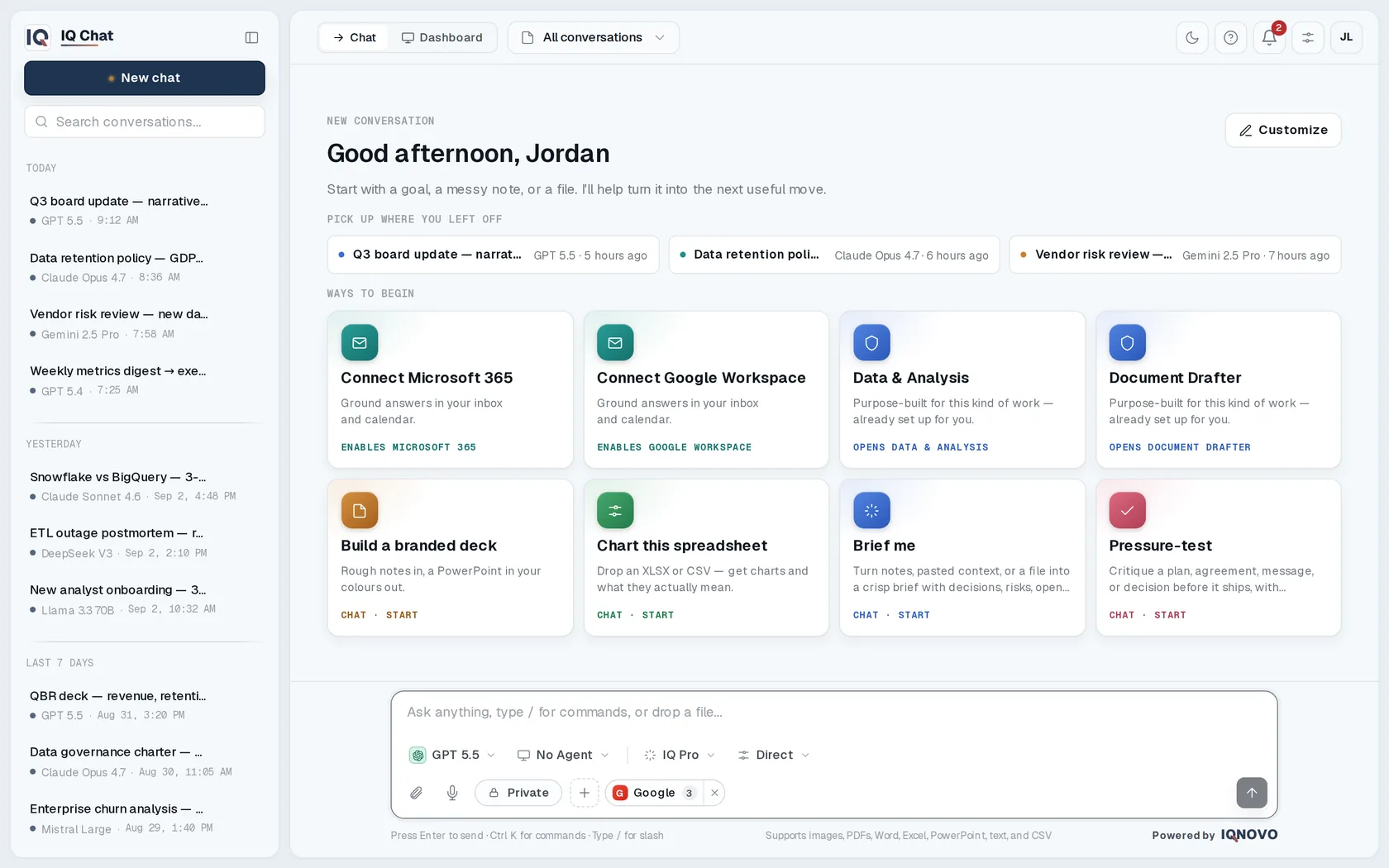 A week of real work in IQ Chat — conversations across Claude, GPT, Gemini, Llama, Mistral, and more, grounded in Microsoft 365 and Google Workspace.